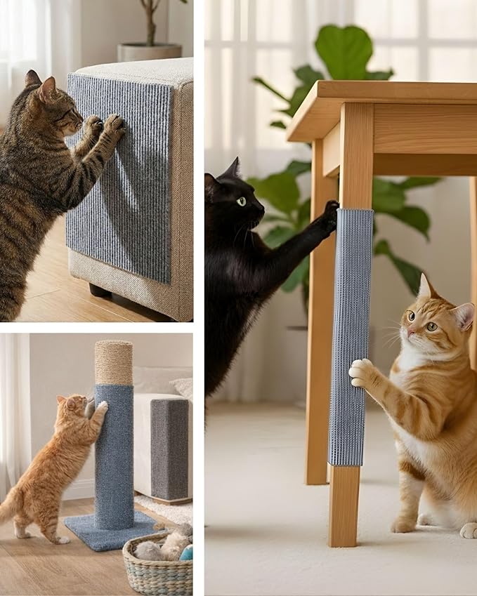 Trimmable Self-Adhesive Cat Scratch Mat, DIY Climb Scratcher for Cat Tower, Couch, and Furniture Protector, Replacement Pads (Grey, 23.6''x11.8'', 3-Pack)