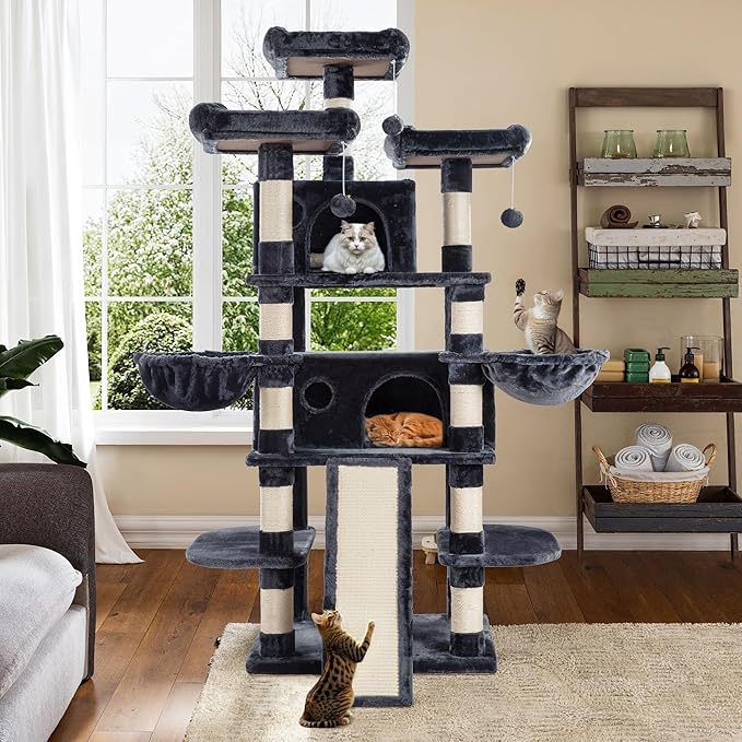 WEEWAY 68 Inches Multi-Level Large Cat Tree for Feline‌/Big Tower/Condo/Cozy Plush Kitty Perches/Fluffy Balls/Sisal Scratching Posts and Hammocks/Cave/Furniture Activity Center/Drak Grey