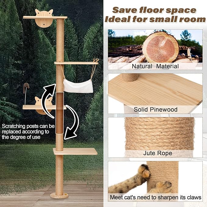 COZIWOW Cat Tree Wall Mounted 69" Tall Sisal Scratching Post 4 Tier Cats Climbing Tower, Cat Wall Furniture Kitten Shelves with Hammock Hanging Toys Wild Simulation, Large Perch Suitable for Lookout