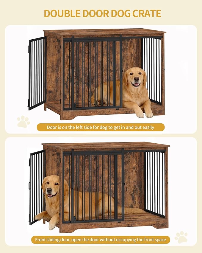43.3" Dog Crate Furniture with Barn Door, Heavy Duty Dog Kennel Indoor with 2 Doors, Wooden Pet Cage End Table for Large Small Medium Dogs, Anti-Chew Anti-Escape, Rustic Brown DFC92301B