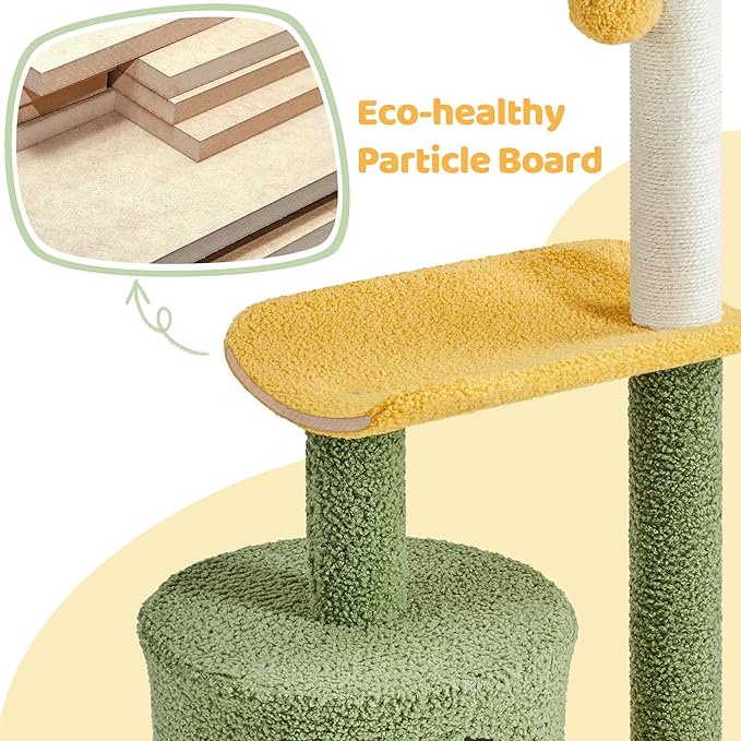 Topeakmart Cute Cat Tree for Indoor Cats, Coconut Palm Cat Tower with Green Leaves, Large Cat Condo Plush Cat House with Sisal Covered Scratching Post Activity Center Cat Furniture for Kitten