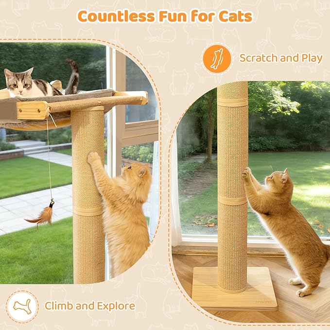 54.3" Cat Window Perch with 3 Adjustable Roman Column Sisal Posts, Gray Fluffy Cusion, Drill-Free Suction Cups, Multi-Level Bird Watching Perch, 60 lbs Capacity