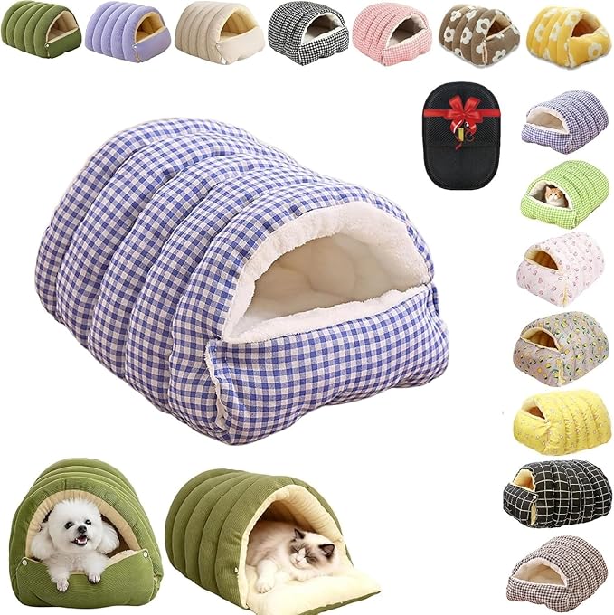 Removable and Washable Winter Closed-Off Cat Bed, Cutypet Winter Cave, Warm Foldable Secure Pet Nest for Indoor Cats & Small Dogs, Comfor Plush Snuggle Hut for Kitty, Puppy, Pets (Linen-Blue,L)