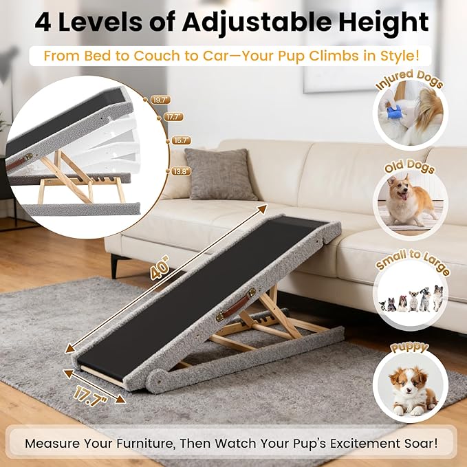 Dog Ramp for Bed, 4 Adjustable Height Wooden Ramp for Dogs from 14"–20", 17" Wide Pet Ramps for Dogs to Get on High Bed/Couch/Car with Soft Padding & Anti-Slip Grip, Up to 250LBS for Small/Large Dog