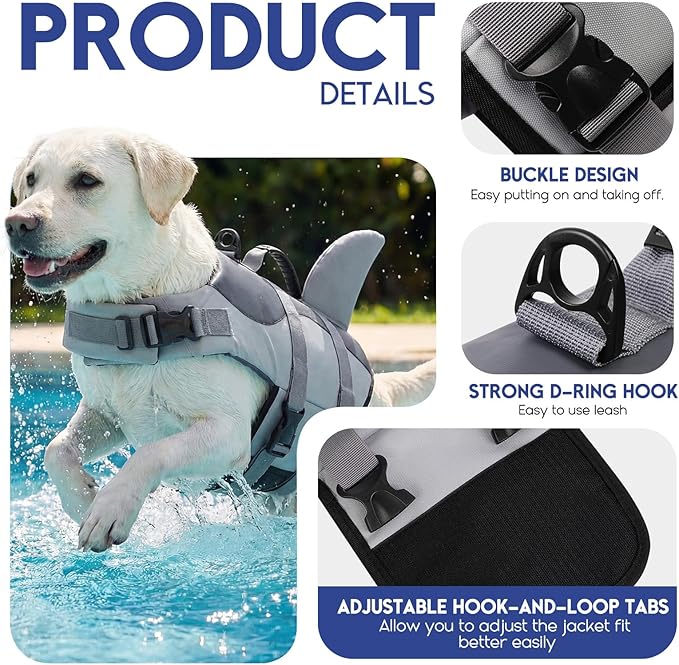 ASENKU Dog Life Jacket - Pet Safety Vest for Swimming & Boating, Shark Life Jacket with Floatation, Dog Lifesavers Swimsuits for Small Medium Large Dogs (Grey, S)