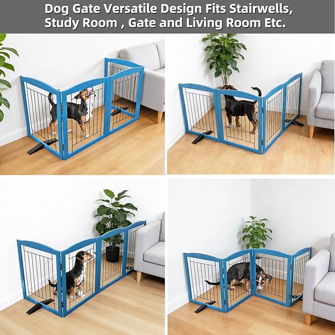 ZJSF Freestanding Dog Fence Indoor, Foldable Dog Gate for Doorways, Stairs or Hallways, Sturdy Wood Extra Wide Pet Gate with Support Feet for The House, Blue, 24 "Height-4 Panels
