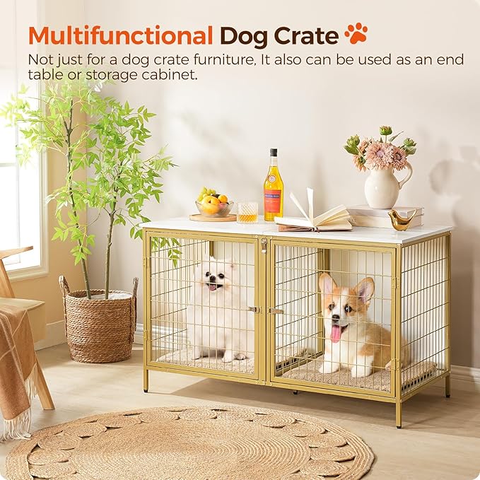 Dog Crate Furniture for 2 Dogs, 43.3" Dog Kennel with Removable Divider, Heavy Sturdy Dog Furniture Style Double Cage for Small Medium Dog, Indoor Pet House End Table, White and Gold