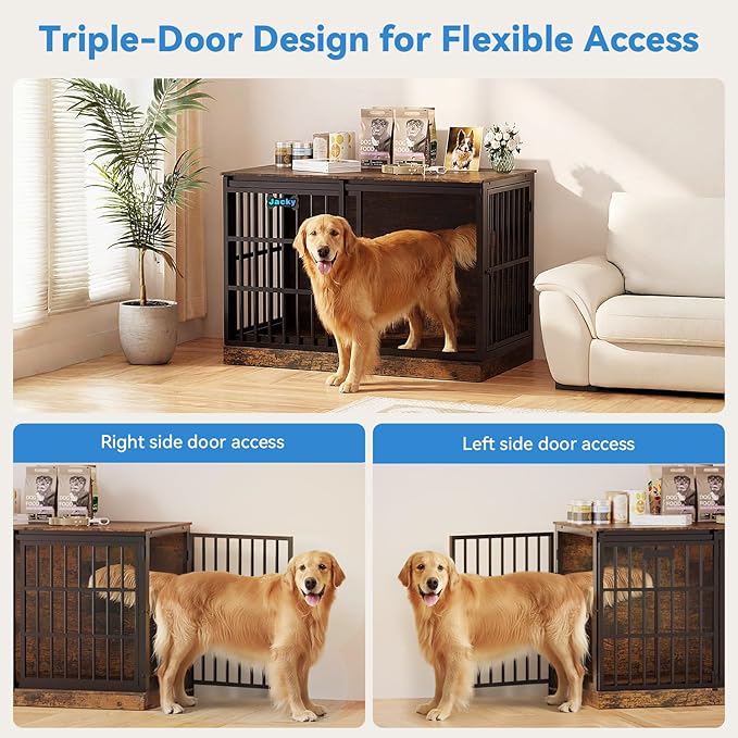 Petrova 47" Dog Crate Furniture with Name Tag, Heavy Duty Dog Kennel Indoor for Large/Medium Dogs, Wooden Dog Cage with Sliding Door, Decorate House as TV Stand, End Table, Rustic Brown