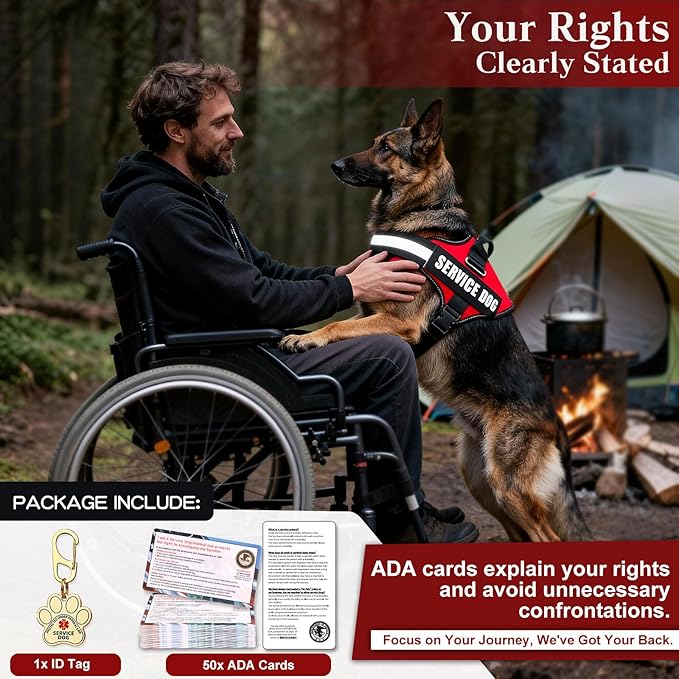 Service Dog Vest, ID Tag 50 ADA Information Cards, Service Dog Harness w Patch in Sizes XX Small to XXX Large, Metal Dog Tag has Ruggedized Clip, Service Animal Cards, ESA Accessory Set XX-Small