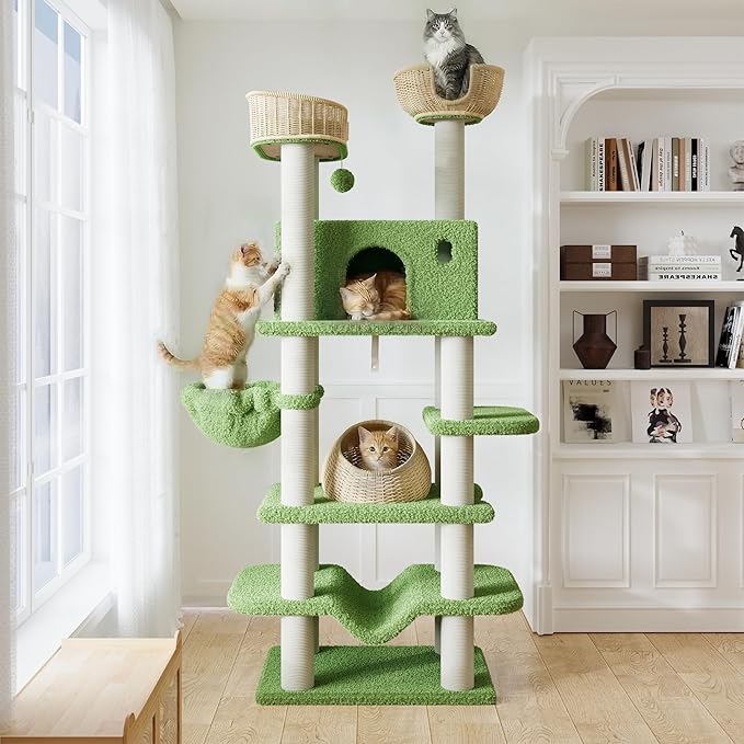 SHA CERLIN 82" Handmade Rattan Cat Tree Tower, Multi-Level Activity Center with Sisal Scratching Posts, Plush Condo, Wicker Perches & Hammock, Large Indoor Cat Playground, Green