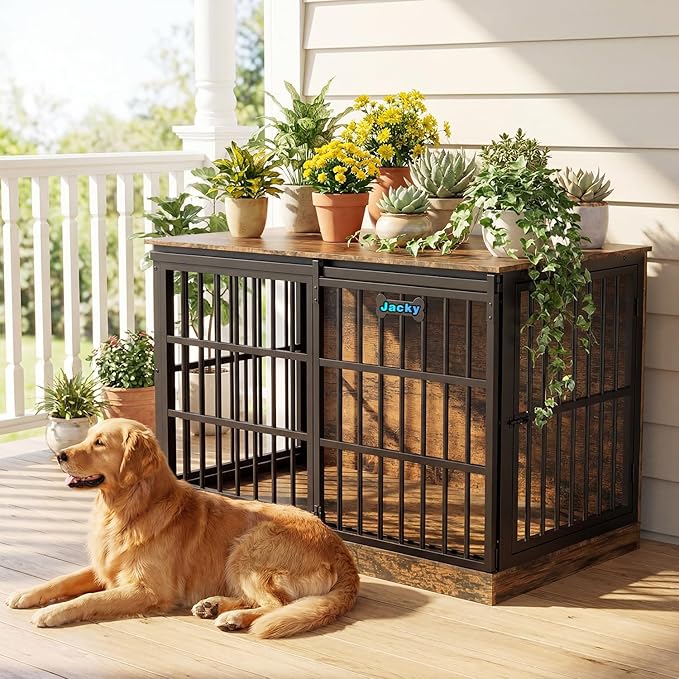 Petrova 47" Dog Crate Furniture with Name Tag, Heavy Duty Dog Kennel Indoor for Large/Medium Dogs, Wooden Dog Cage with Sliding Door, Decorate House as TV Stand, End Table, Rustic Brown