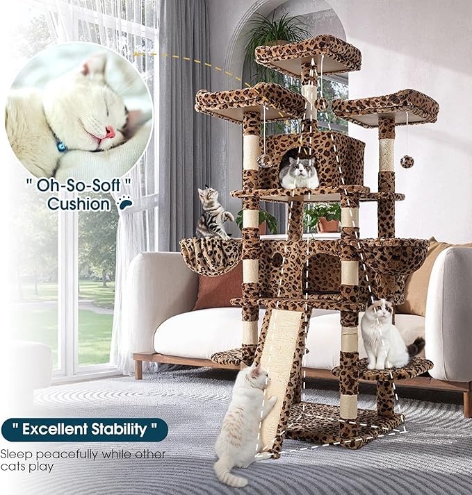WEEWAY 68 Inches Multi-Level Large Cat Tree for Feline‌/Big Tower/Condo/Cozy Plush Kitty Perches/Fluffy Balls/Sisal Scratching Posts and Hammocks/Cave/Furniture Activity Center/Leopard Print