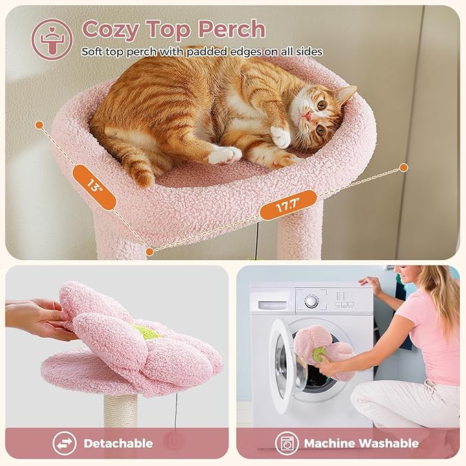Flower Cat Tree for Large Cats, 59" Tall Cat Tower with Soft Flower Perch, Multi-Level Tower with Spacious Condo, Large Hammock and Scratching Posts, Sturdy Play House for Indoor Cats, Pink