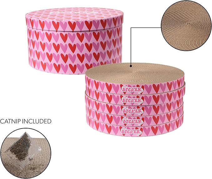 CSR1012E Kate 12 Inch Cardboard Cat Scratcher Pads with Box & Catnip, Reversible Heavy-Duty Scratch Boards for Cats, Furniture Protection, Modern Heart Pattern, Pink/Red, 5-Pack