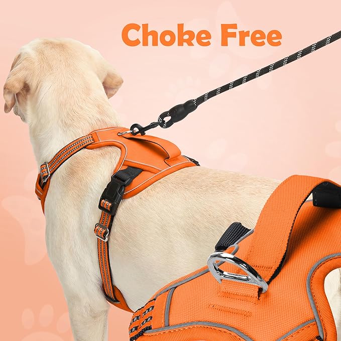 Funfox Dog Harness No Pull, Adjustable Pet Vest Harness, Super Soft Material with Vertical Handle Easy Control, Reflective Night Walking, 2 Leash Clips for XLarge Dogs, Orange, XL