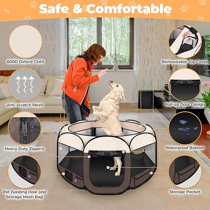 Dog Playpen 45", HOMAGICO Pet Playpen for Indoor Cats Enclosed, Portable Dog Cage Outdoor Tent Crate with Carrying Case, Water-Resistant and Removable Shade Cover,Brown