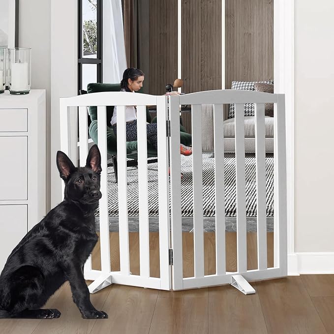 Freestanding Dog Gate Indoor, Doggie Gate Foldable Dog Gates for Doorways,Stairs or Hallways, Wooden White Pet Gate for the House,Pet Fence with Support Feet Included, 32 "Height-2 Panels