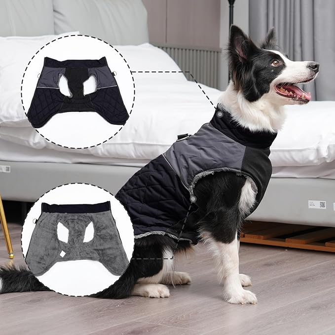 Warm Fleece Dog Coats for Large Dogs,D-Rings Waterproof Puppy Jacket for Cold Winter,Black XXL