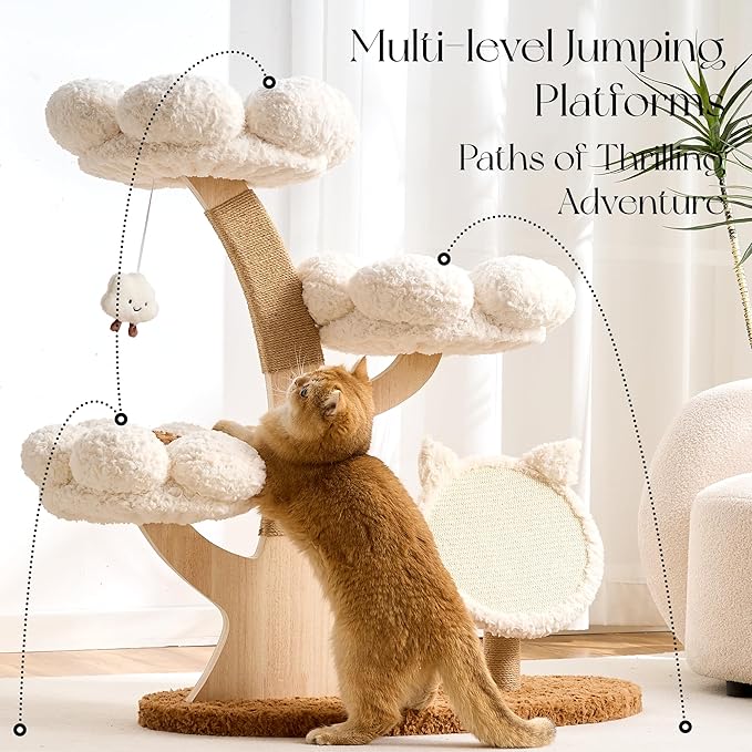 797Audio Flower Cat Tree, 37" Wood Branch Cat Tower, White Cloud Cat Tree with Scratching Post for Indoor Adult Cats, Luxury Cat Tree with Cat Scratch Pad & Interactive Squeaky Hanging Toy