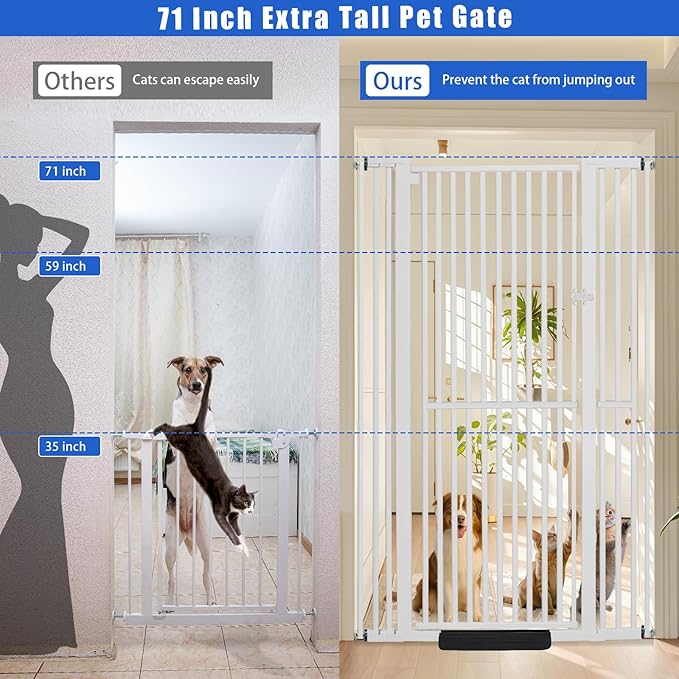 71 Inch Extra Tall Pet Gate for Cats, 29.5-43" Adjustable Wide Dog Gates, Pressure Mounted Walk Through Tall Cat Gate for Doorways,Hallway,Stairs,House（White）