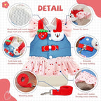 Small Dog Harness and Leash Set Denim Cat Harness Dress for Puppy Clothes for Girls Pink Dog Birthday Dress French Bulldog Harness with Strawberry Bear Decoration
