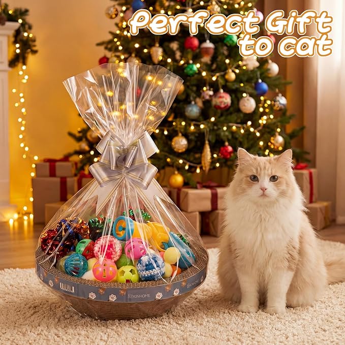 Zopeal 64 Pcs Easter Cat Toy Gift Set Magic Cat Scratcher Board Ball Launcher Gun Crinkle and Yarn and Plastic Bell Ball Kitten Toy with Bow for Pet Interactive Engaging Gift(Bowl Shape)
