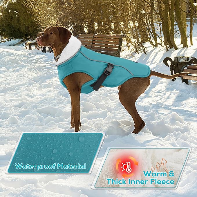 EMUST Dog Cold Weather Coats, Fleece Lining Small/Medium/Large Dog Jacket for Winter, Warm Waterproof Pet Winter Clothes for Large Dogs, Turquoise, XL