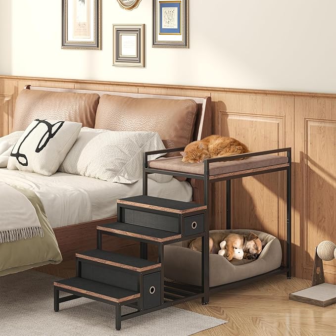 Pet Bunk Bed with Removable Stairs and 2 Drawers, Dogs/Cats Window Perch, Dog Window Seat with Soft Cushion, Ultra-Shallow Steps, Sturdy Metal Frame, Non-Slip, Load Capacity 60 LBS