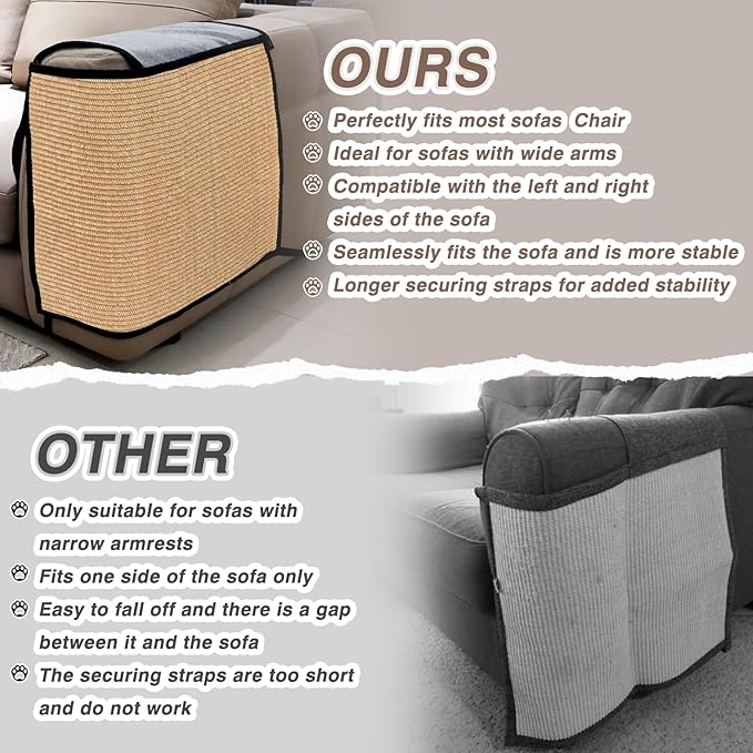2 Pcs Cat Scratch Furniture Protector Natural Sisal Anti-Scratching Mat for Sofa Couch Chair - Suitable for Both Left and Right Sides of Furniture, Easy to Set Up