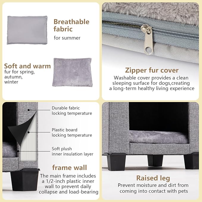 Indoor Dog House, Elevated Foldable Dog Cave Bed with Removable Plush Mat for Medium Dogs and Cats Up to 23.6 Inches Long