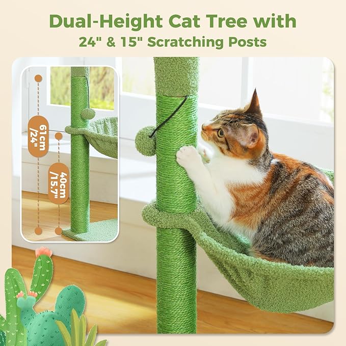 PAWZ Road Cactus Cat Tree, 33 Inchs Cat Tower with Large Soft Hammock and Fully Wrapped Sisal Scratching Post for Indoor Cats