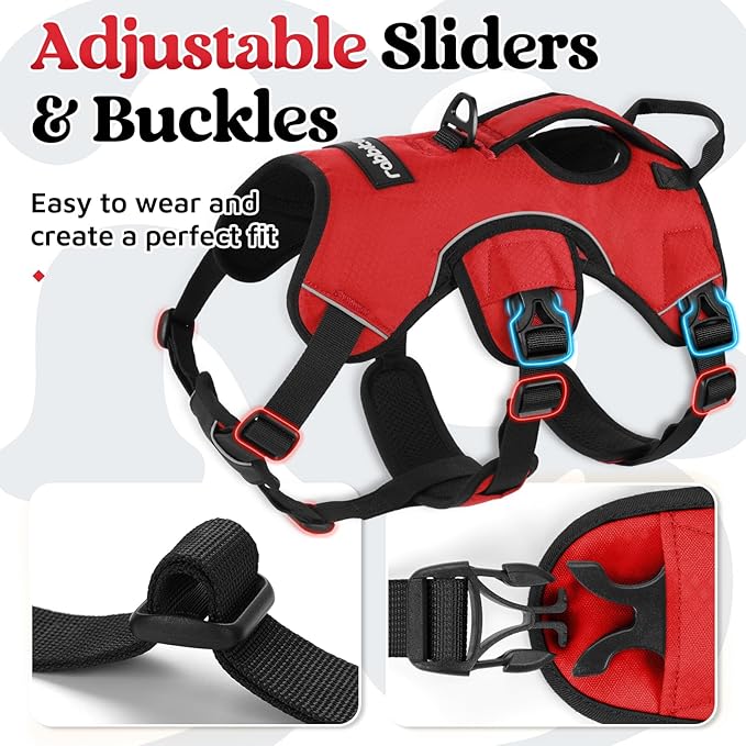 rabbitgoo Escape Proof Dog Harness, Soft Padded Full Body Pet Harness, Reflective Adjustable No Pull Vest with Lift Handle and Leash Clip for Large Dogs Walking Hiking Training, L, Red