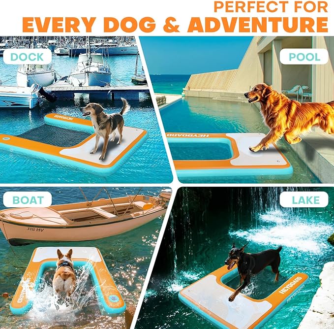 HEYBOARD Inflatable Dog Pool Ramp for Large Dogs Safe Dog Dock Boat Ramp Floating Pontoon Ladder Steps for Dogs Up to 230 lbs with Non-Slip EVA for Pool & Lake