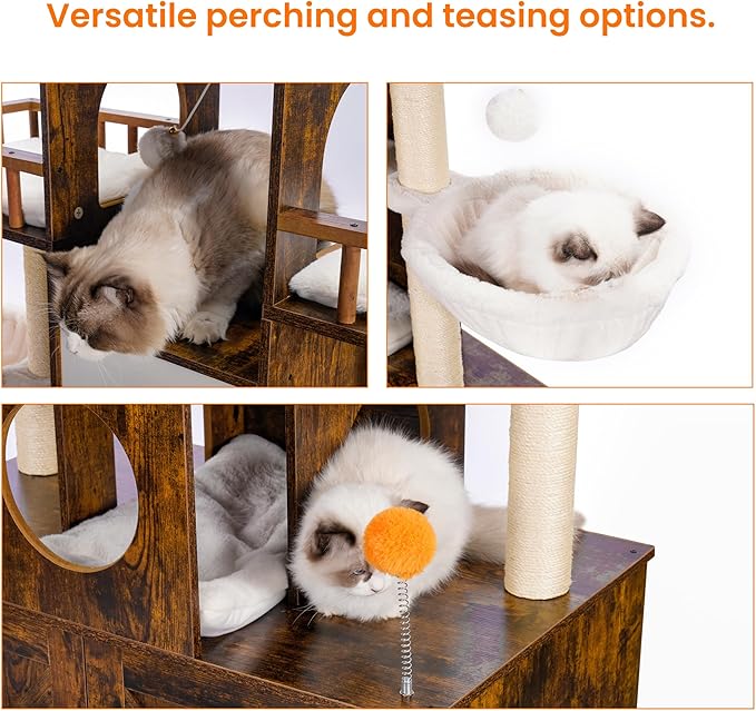 Heybly Cat Tree with Litter Box Enclosure for Indoor Big Cat, Cat Tower for Large Cats 20lbs Heavy Duty, Modern Cat Condo Furniture with Scratching Posts, Rustic Brown HCT110SR
