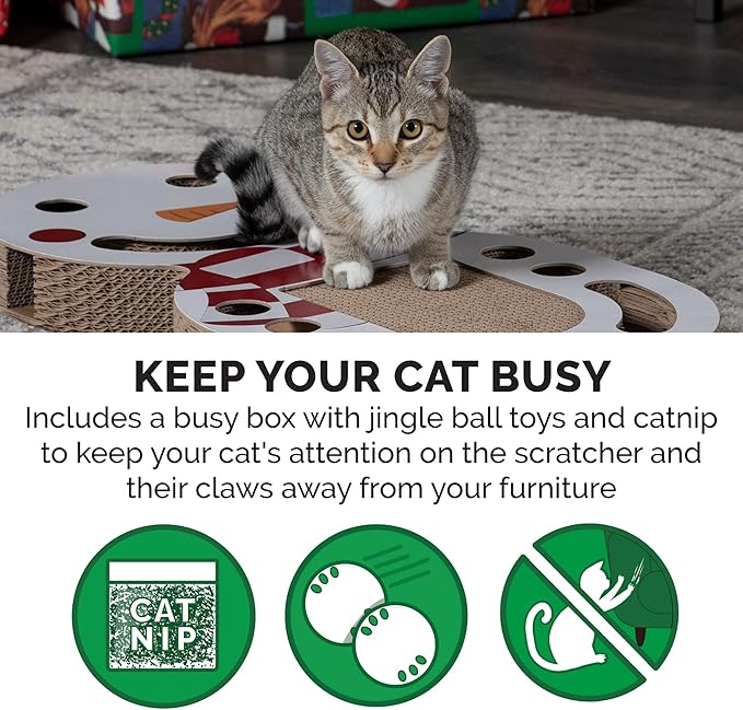 Furhaven Scratching Pad Ball Track Cat Toy w/ Catnip for Indoor Cats - Giant Snow Man Holiday Corrugated Busy Box Scratcher - White, One Size