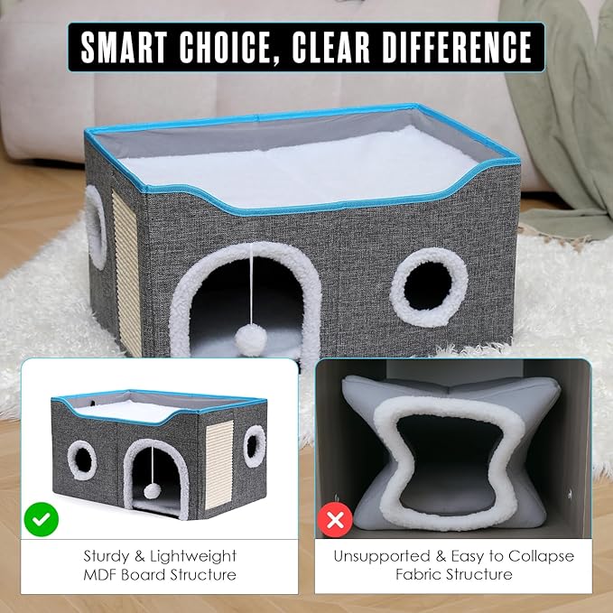 Houseables Cat House, Cat Cave Bed, Kitty House, Hideaway Pet Bed, Cathouse, Catbed, Kitten Hideout, Covered Pet Cave, Indoor Kitty Home, Hiding Spot, Enclosed Cubby Box, Fort Cube, w/Scratcher, Large