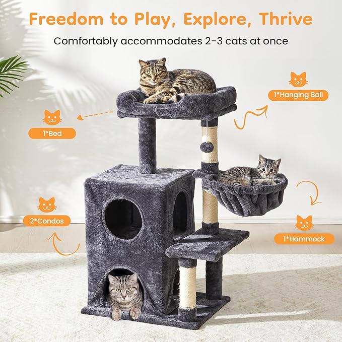 Multi-Level Cat Tree Tower for Large Cats with Scratching Posts, Condos, Perch, Hammocks & Toys, Cat Jungle Gym for Indoor Cats, Ideal for Multi-Cat Households, Dark Grey