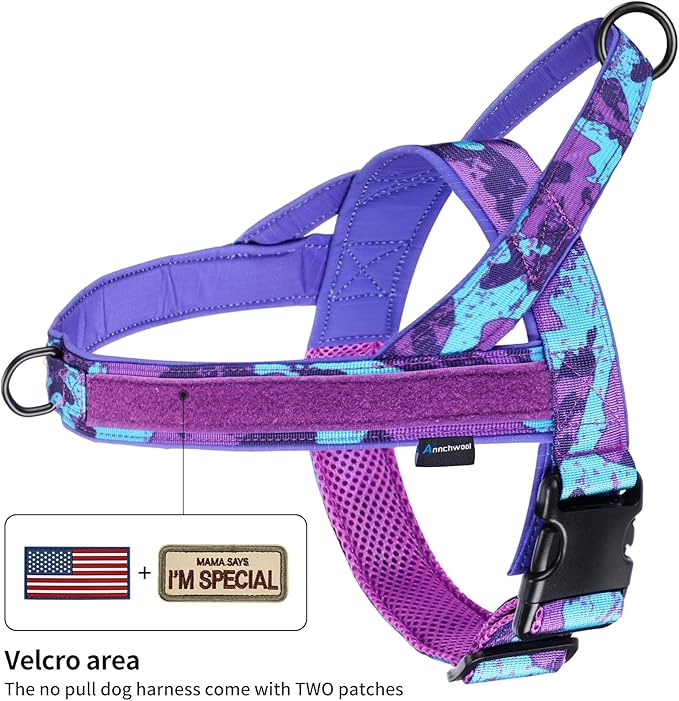 Annchwool No Pull Dog Harness with Soft Padded Handle-Escape Proof and Quick Fit to Adjust Dog Harness-Easy for Training Walking for Small & Medium and Large Dogs(Camo Purple,XS,1 in Width)
