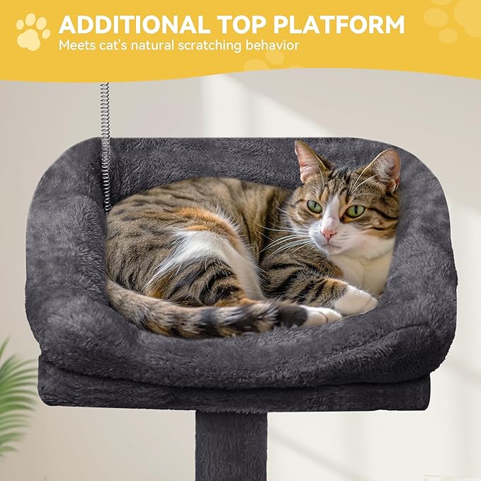 DWVO 64.5" Tall Cat Tree, Multi-Tier Cat Condo with Hammock, Scratching Posts & Play Balls for 2-3 Cats (Dark Gray)