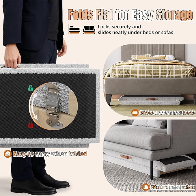 Dog Ramp for High Bed – 63" Super-Long Wooden Ramp with Soft Plush Fabric Cover & Safety Rails 18”–32”Adjustable Heights for Tall Beds, Non-Slip Wide 17.7" Platform – Ideal for Large & Senior Dogs