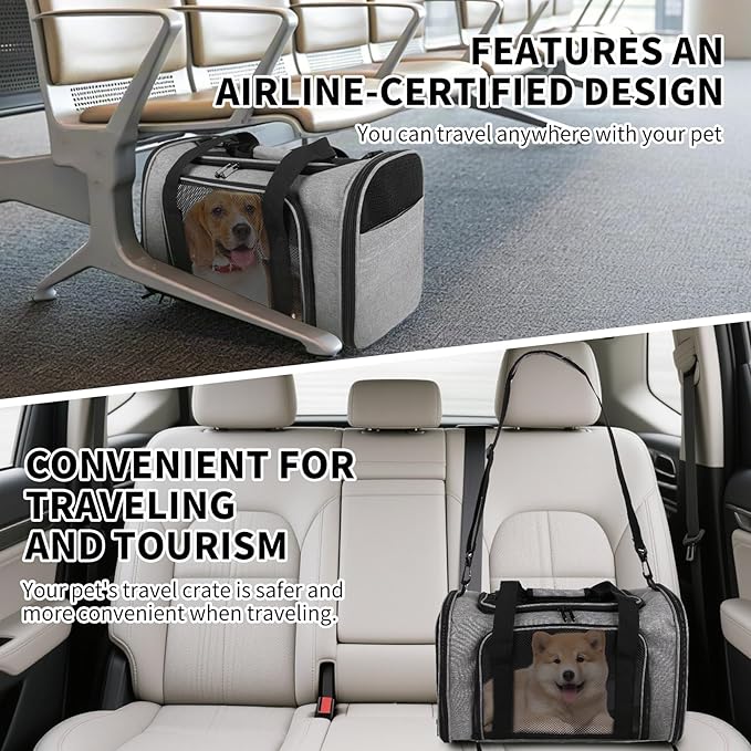 Carriers Soft-Sided Pet Carrier Case for Small Medium Cats Dogs Puppy Under 15 lbs,Airline Approved Cat Carrier with 4 Ventilated Windows (Medium,Grey&Black)