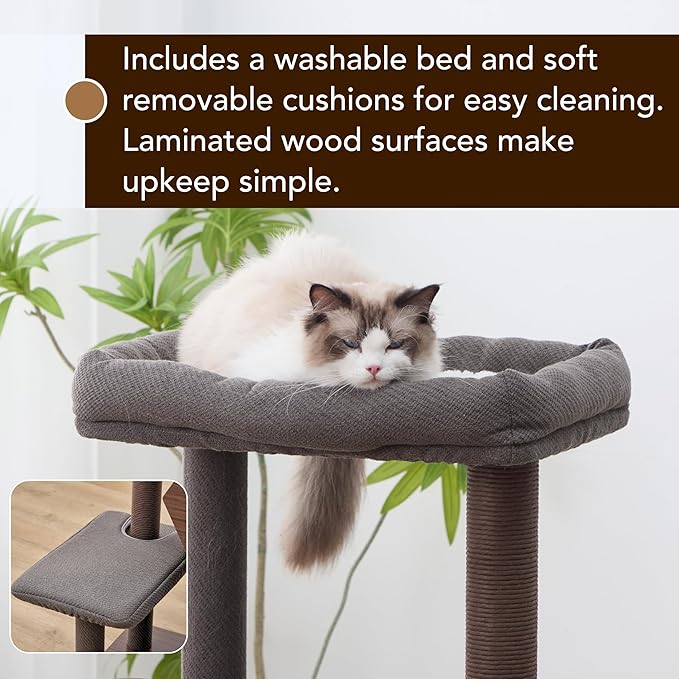 PetPals 5-Level 46.4” Mid-Century Modern Cat Tree with Hexagon Condo, Replaceable Recycled Paper Rope Scratchers, Washable Bed&Toys, Quick Assembly, Ideal for Medium Cats,Dark Brown