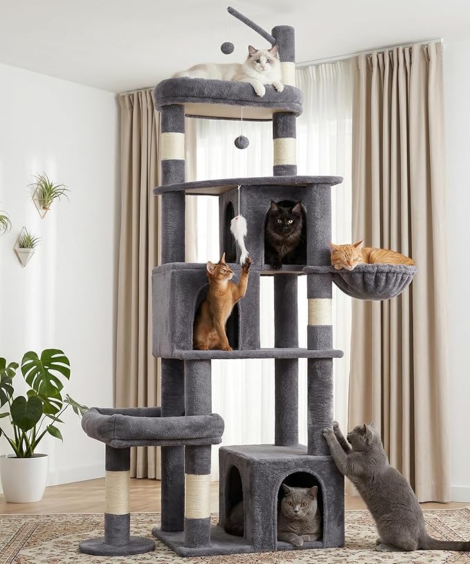 Heavy Duty Cat Tree for Indoor Cat, 74 Inch Cat Tower with Scratching Post, Hanging Basket, Cat Condo with Large Platform for Large Cats, PMT04DG, Dark Grey