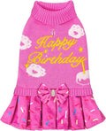 CuteBone Pink Dog Sweater Dress Happy Birthday Pet Sweater Sweaters for Small Dogs with Bowtie Pullover Pupply Clothes Cats Clothes