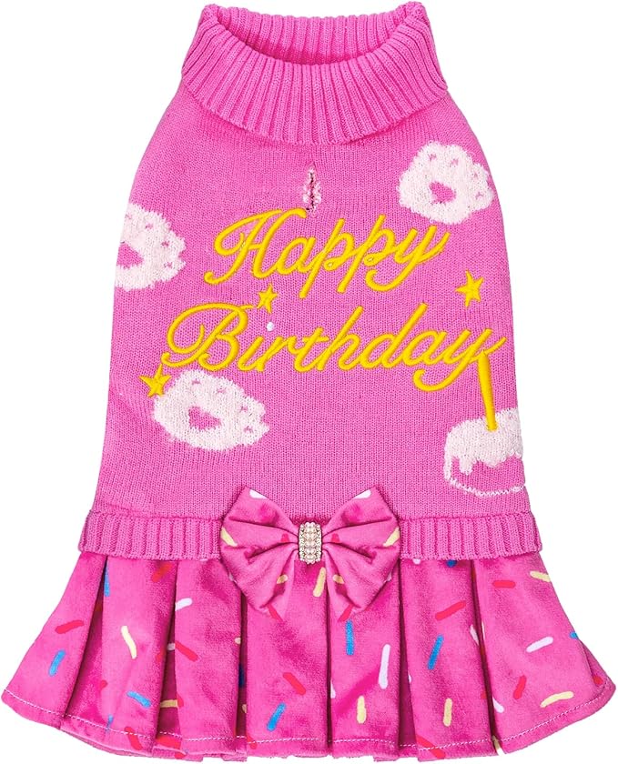 CuteBone Pink Dog Sweater Dress Happy Birthday Pet Sweater Sweaters for Large Dogs with Bowtie Pullover Pupply Clothes Cats Clothes