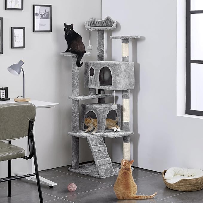 Topeakmart 61in Cat Tree for Indoor Cats, Cat Tower with Scratching Posts Spacious Perch & Platform for Kittens, Light Gray