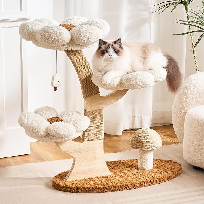 Aesthetic Flower Cat Tree Tower with Scratching Post for Indoor Cats, 37" H Modern Cat Tree with Wood Sculpted Branch, Flower Cat Beds, Mushroom Scratcher & Interactive Squeaky Toy, White