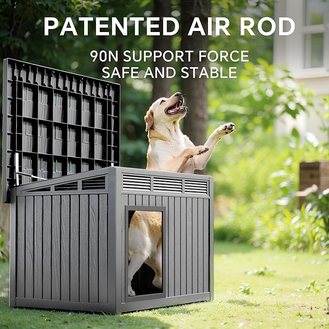VIXZEN Dog House Outdoor, Indoor Dog House Medium Size Dog with Weatherproof PP Resin Material, Doghouse Outdoor with Openable Roof for Easy Cleaning, Sloped Roof, Air Vents, Easy Assembly (Gray)