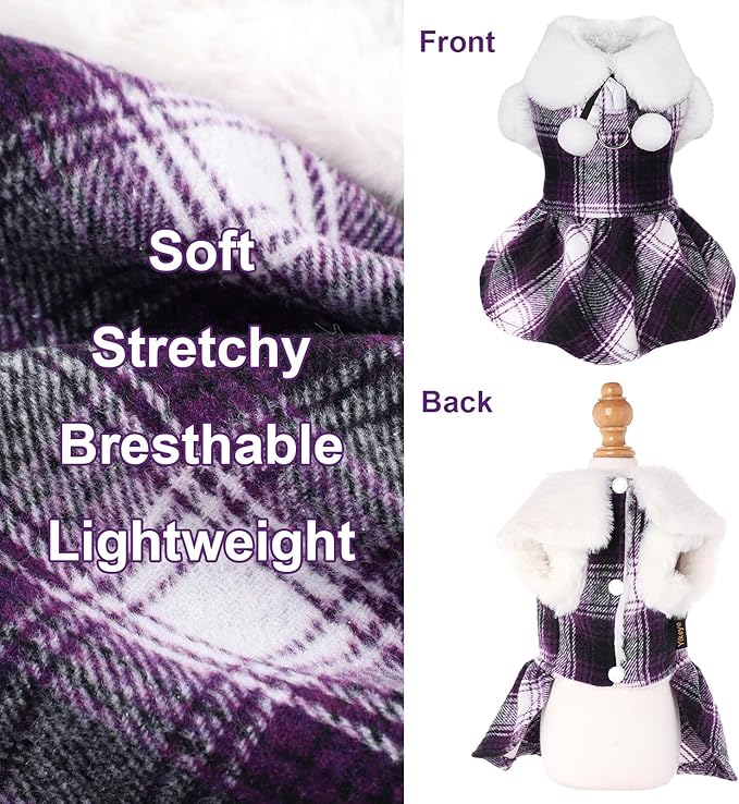Dog Sweater with Leash Set Plaid Fleece Dog Clothes for Small Dogs Girl Boy Winter Pet Dress Cold Weather Coat Fall Sweater for Chihuahua Yorkie Cat Puppy Costumes (Purple, X-Small)