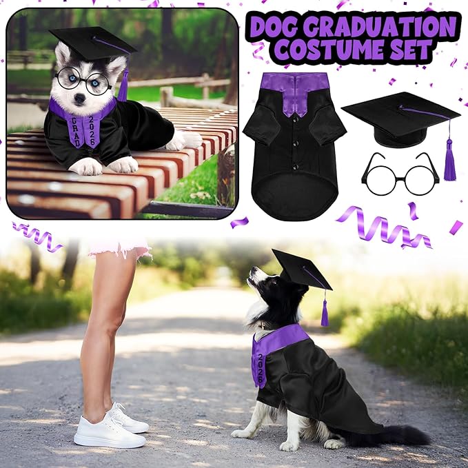 5 Pcs Dog Graduation Costume Set Include 2026 Pet Graduation Gown with Stole Puppy Grad Cap Lensless Glasses DIY Letter Stickers for Dogs Cats Holiday Costume Accessory(Black Purple,XL)